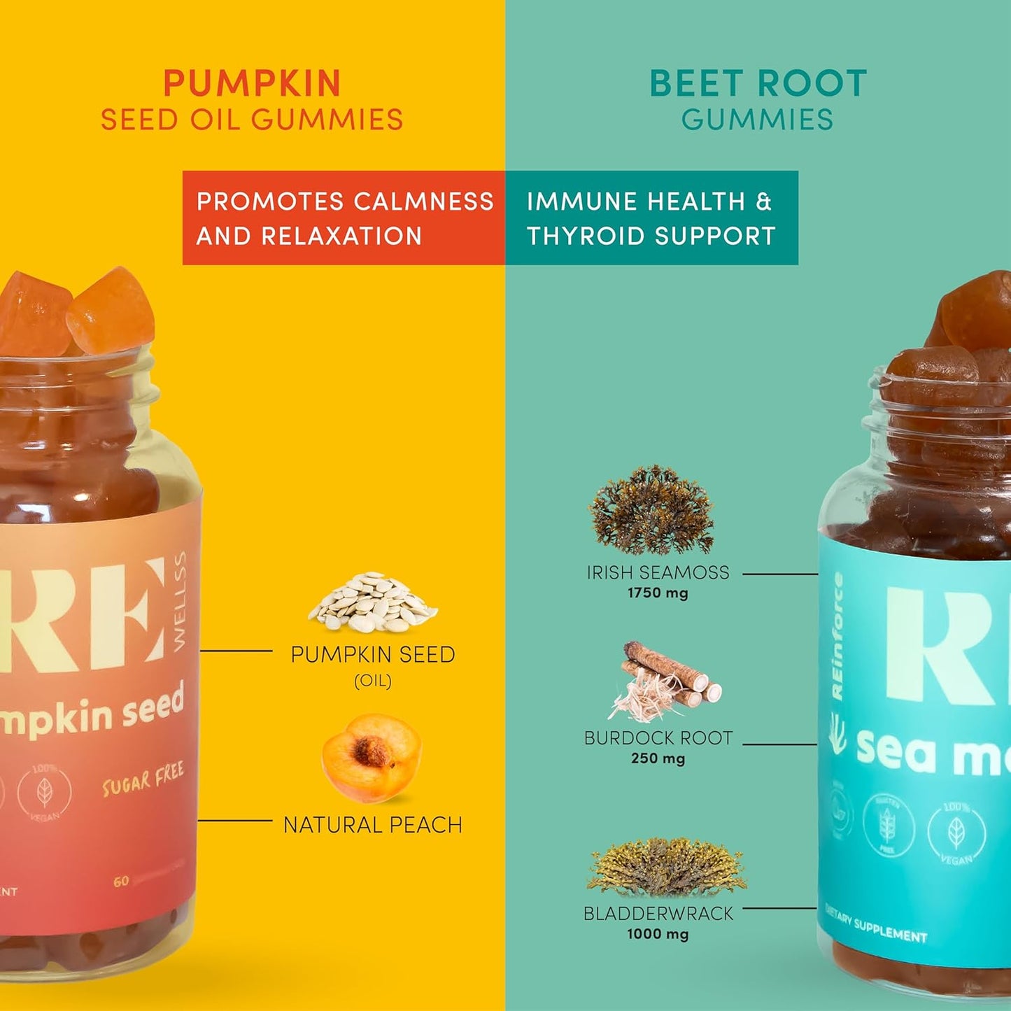 2 Pack Sugar-Free Seamoss & Pumpkin Gummies for Skin, Thyroid & Immune Support - Hair Growth & Prostate Health