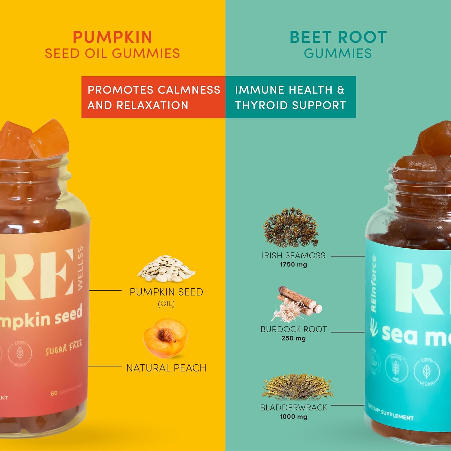 2 Pack Sugar-Free Seamoss & Pumpkin Gummies for Skin, Thyroid & Immune Support - Hair Growth & Prostate Health