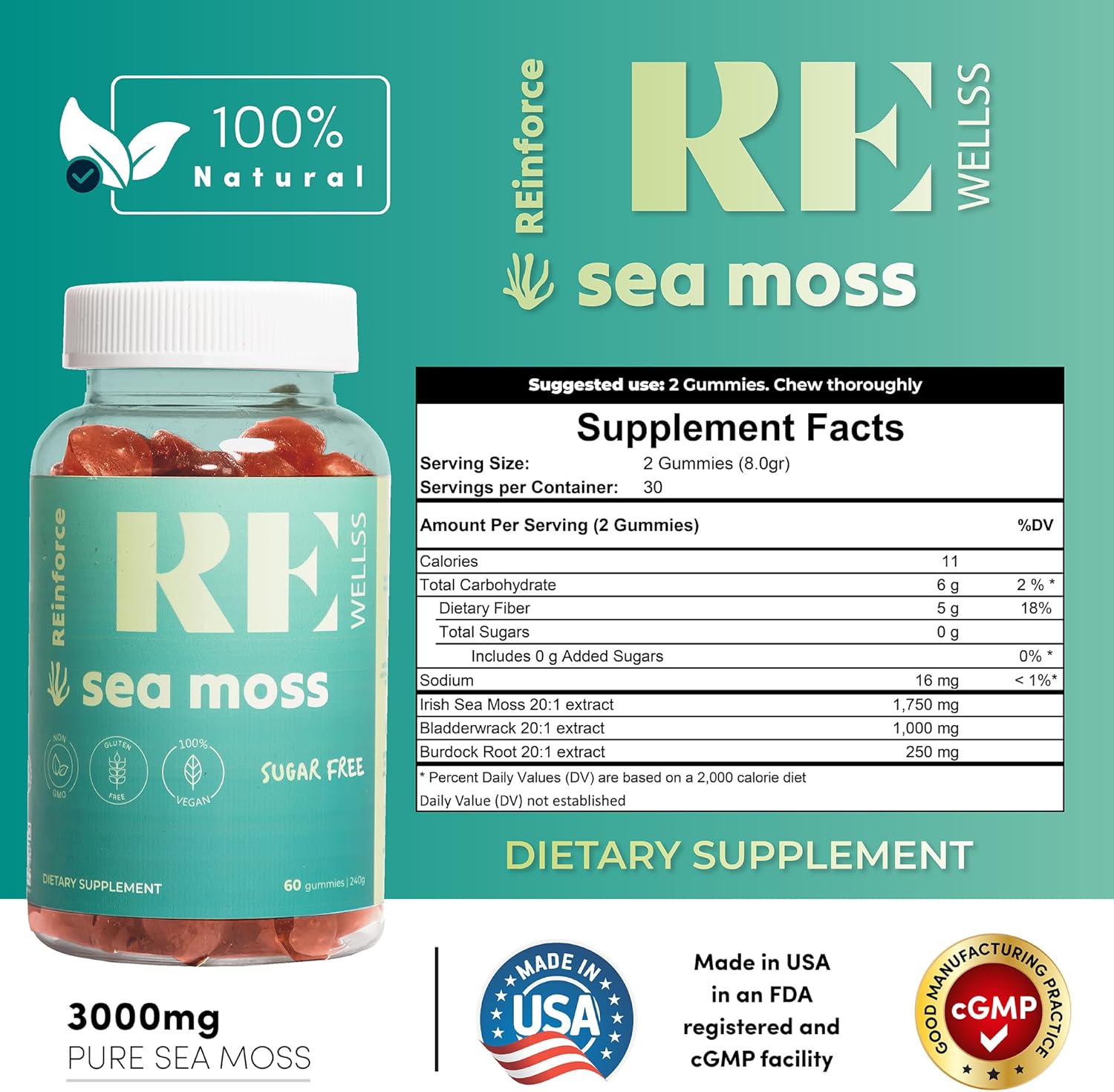 2 Pack Sugar-Free Seamoss & Pumpkin Gummies for Skin, Thyroid & Immune Support - Hair Growth & Prostate Health