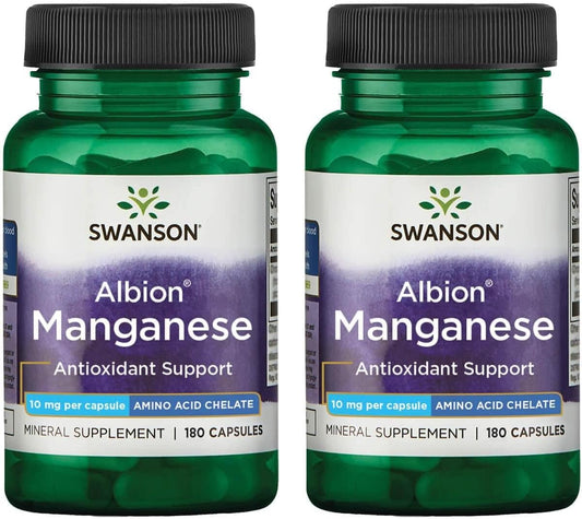2 Pack Swanson Albion Chelated Manganese 10mg 180 Capsules - High Absorption Manganese Supplement