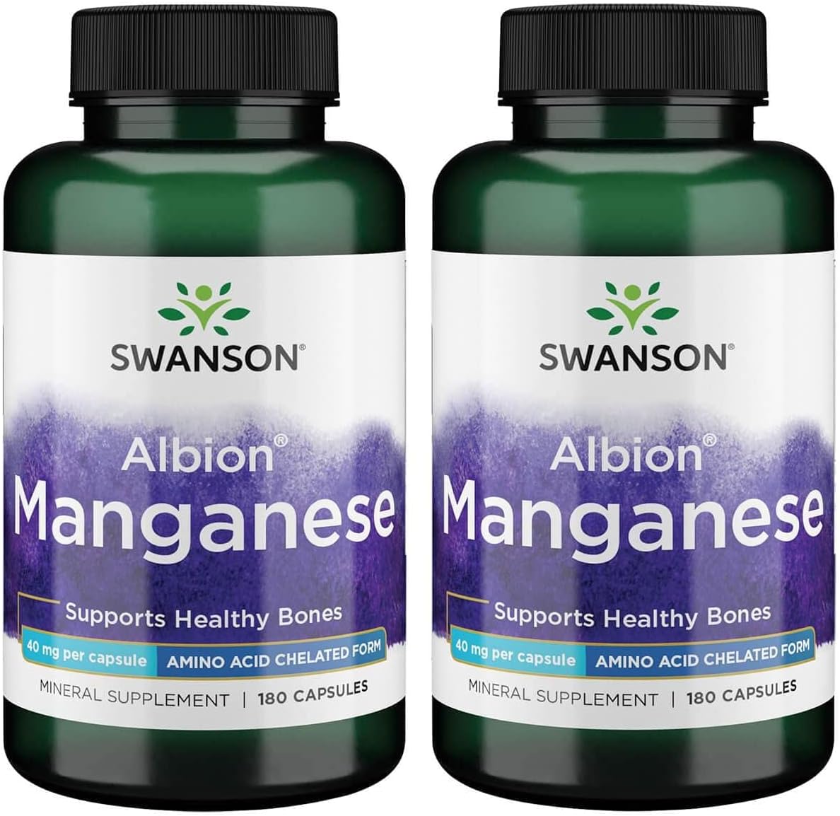 2 Pack Swanson Albion Chelated Manganese Glycinate 40mg 180 Capsules - High Absorption Mineral Supplement