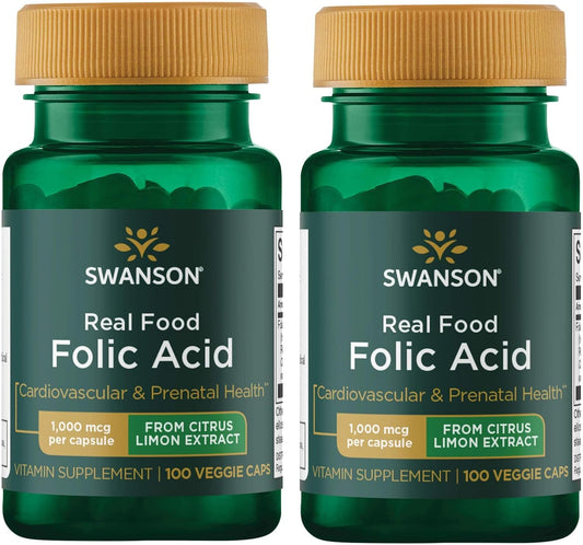2 Pack Swanson Citrus Limon Extract Folic Acid Folate Vitamin B-9 1000mcg Veg Capsules - Cardiovascular & Prenatal Health - Vegan & Non-GMO