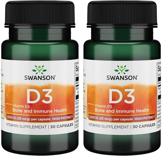 2 Pack Swanson High Potency Vitamin D-3 1000 Iu (25 mcg) 30 Capsules - Boost Your Immune System with Vitamin D Supplement