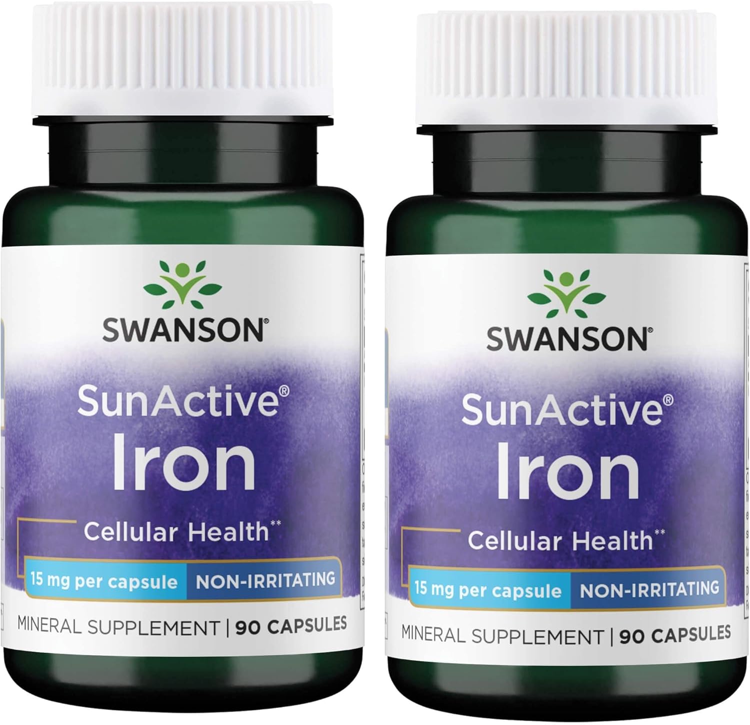 2 Pack Swanson Sunactive Iron 15mg Capsules - Non-Irritating Formula - 90 Count