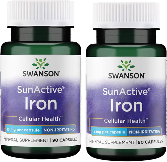 2 Pack Swanson Sunactive Iron 15mg Capsules - Non-Irritating Formula - 90 Count