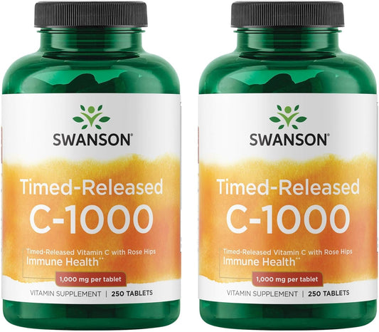 2 Pack Swanson Timed-Release Vitamin C 1000mg with Rose HIPS, Immune Support, Skin & Cardio Health, Antioxidant Supplement - 250 Tablets