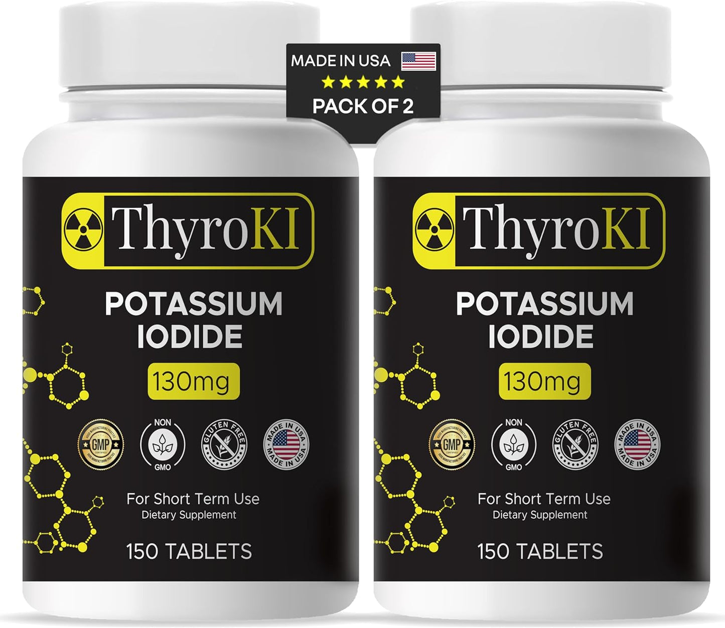 2-Pack ThyroKI Potassium Iodide Tablets 130mg (300 Tablets) - Fast Dissolving Thyroid Support Pills, Non-GMO Iodine Supplement for Emergency Survival
