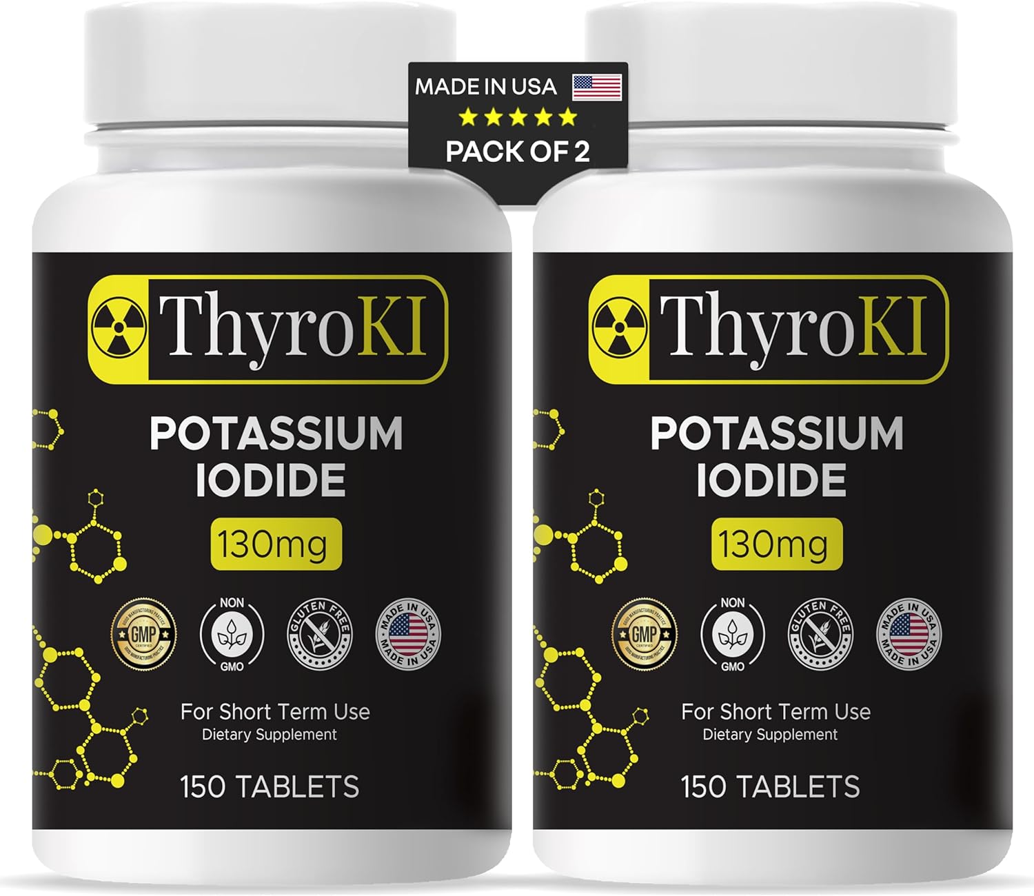 2-Pack ThyroKI Potassium Iodide Tablets 130mg (300 Tablets) - Fast Dissolving Thyroid Support Pills, Non-GMO Iodine Supplement for Emergency Survival