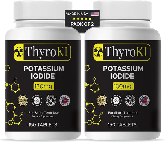 2-Pack ThyroKI Potassium Iodide Tablets 130mg (300 Tablets) - Fast Dissolving Thyroid Support Pills, Non-GMO Iodine Supplement for Emergency Survival