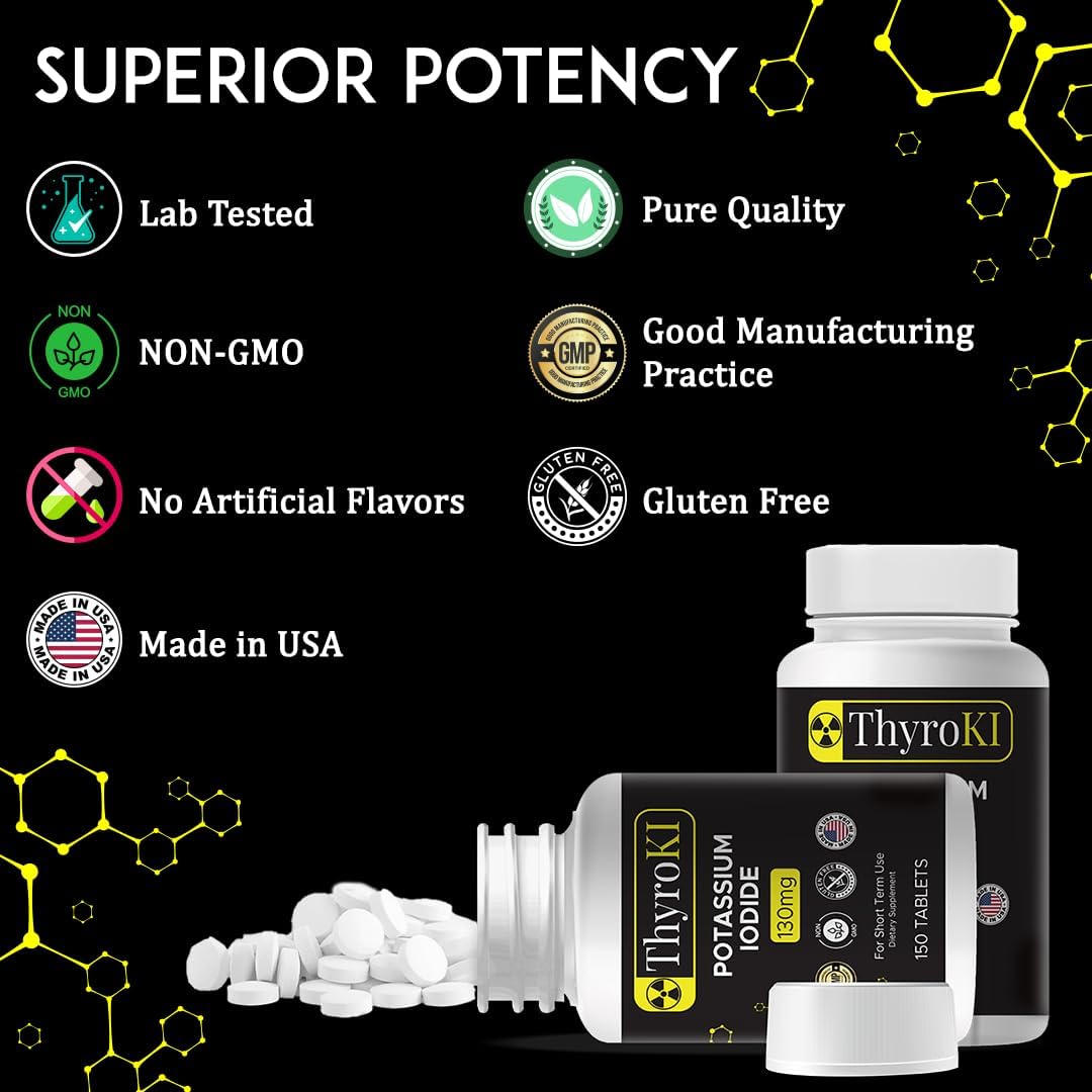 2-Pack ThyroKI Potassium Iodide Tablets 130mg (300 Tablets) - Fast Dissolving Thyroid Support Pills, Non-GMO Iodine Supplement for Emergency Survival