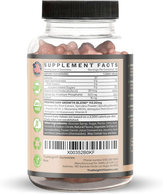 2 Pack TruHeight Growth Gummies - Natural Height Growth Supplement for Kids and Adults - 60 Gummies per Bottle