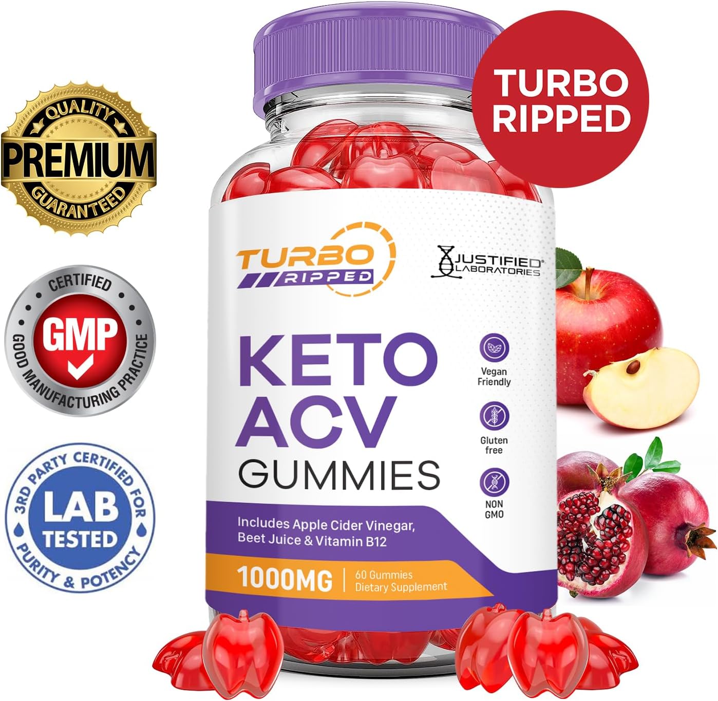2 Pack Turbo Ripped Keto ACV Gummies - Advanced Formula 1000MG with Apple Cider Vinegar, Pomegranate, Beet Juice Powder, B12 - Vegan Non GMO - 120 Gummys