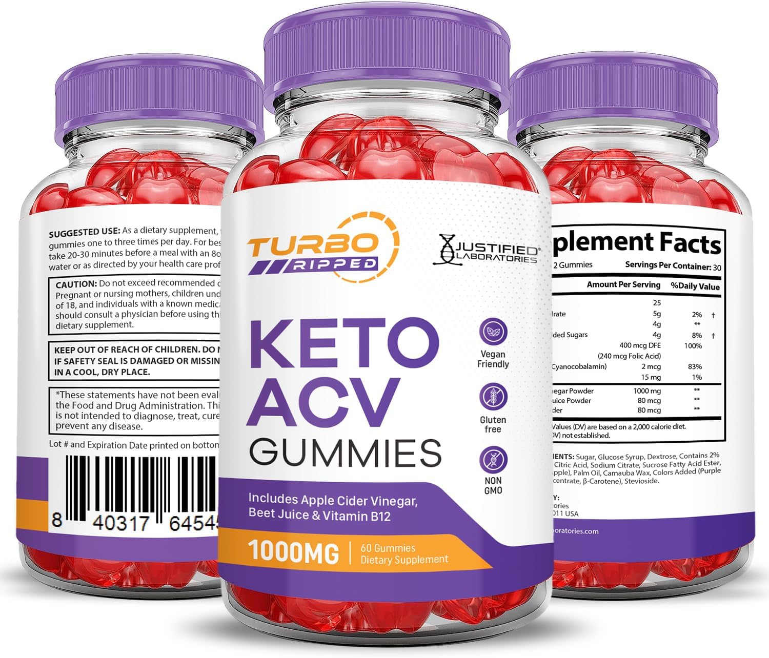 2 Pack Turbo Ripped Keto ACV Gummies - Advanced Formula 1000MG with Apple Cider Vinegar, Pomegranate, Beet Juice Powder, B12 - Vegan Non GMO - 120 Gummys