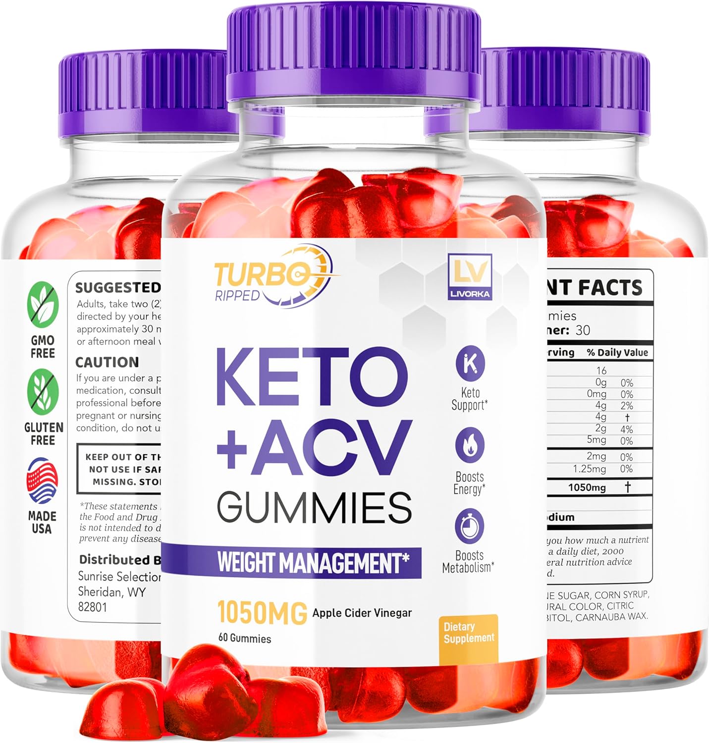 2 Pack Turbo Ripped Keto ACV Gummies for Slimming Formula - Advanced Multivitamin Healthy Apple Cider Vinegar Gummys, 2 Months Supply