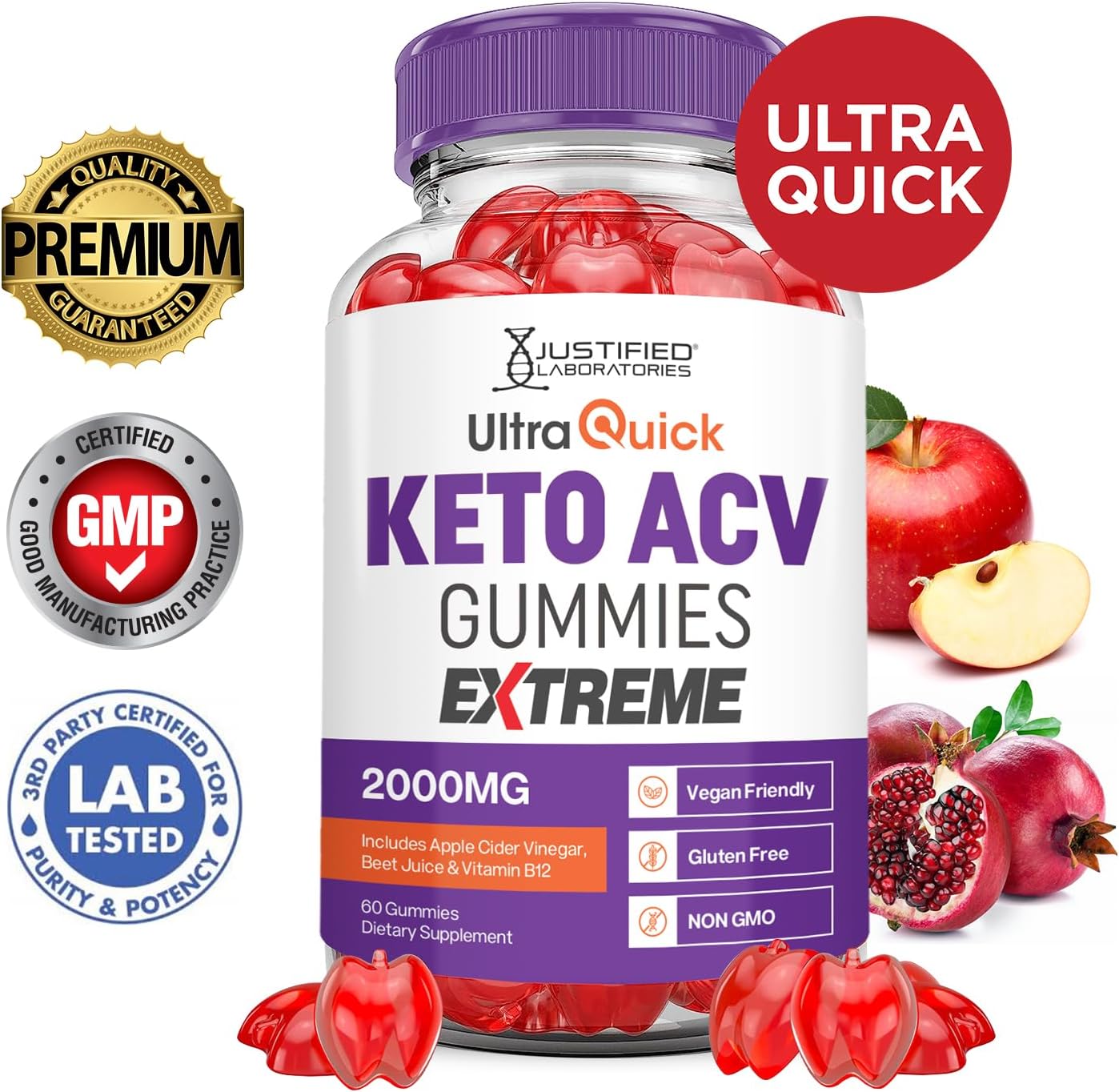 2 Pack Ultra Quick Keto ACV Gummies Extreme 2000MG with Pomegranate Beet Juice Powder - 120 Gummys