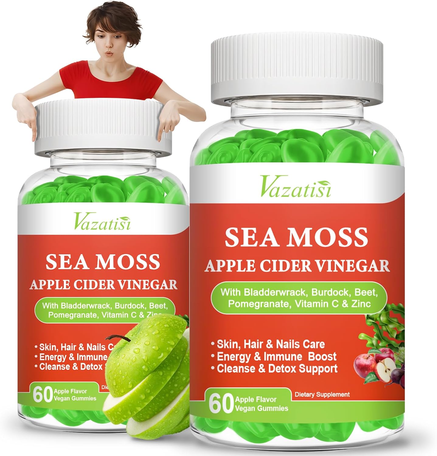 2 Pack Vazatisi Apple Cider Vinegar Gummies with Sea Moss, Pomegranate, Beet Root, Bladderwrack, Burdock, Vitamin C, Zinc - Digestion, Mood, Energy, Immune Support - Apple Flavor