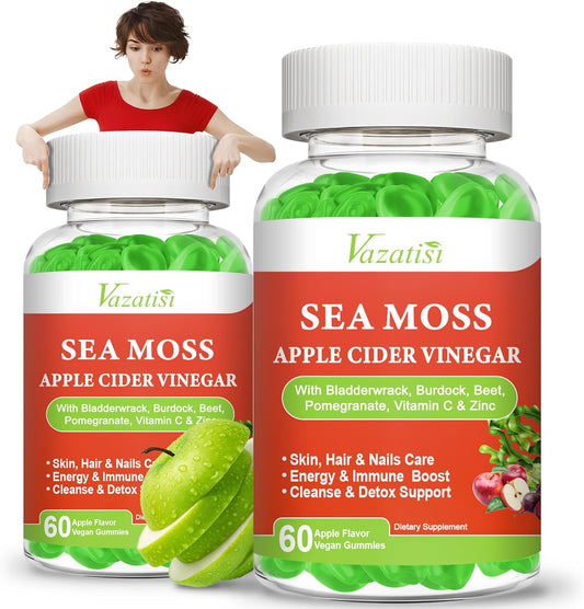 2 Pack Vazatisi Apple Cider Vinegar Gummies with Sea Moss, Pomegranate, Beet Root, Bladderwrack, Burdock, Vitamin C, Zinc - Digestion, Mood, Energy, Immune Support - Apple Flavor