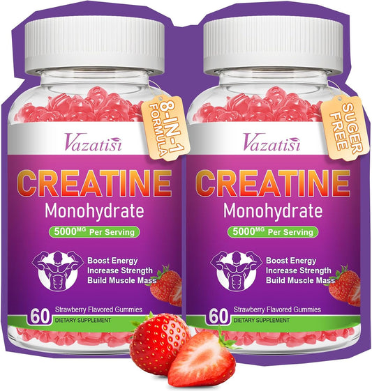 2 Pack Vazatisi Creatine Monohydrate Gummies - Vegan Supplement for Muscle Building, Energy, and Strength - Sugar Free with Natural Strawberry Flavor - 120 Count