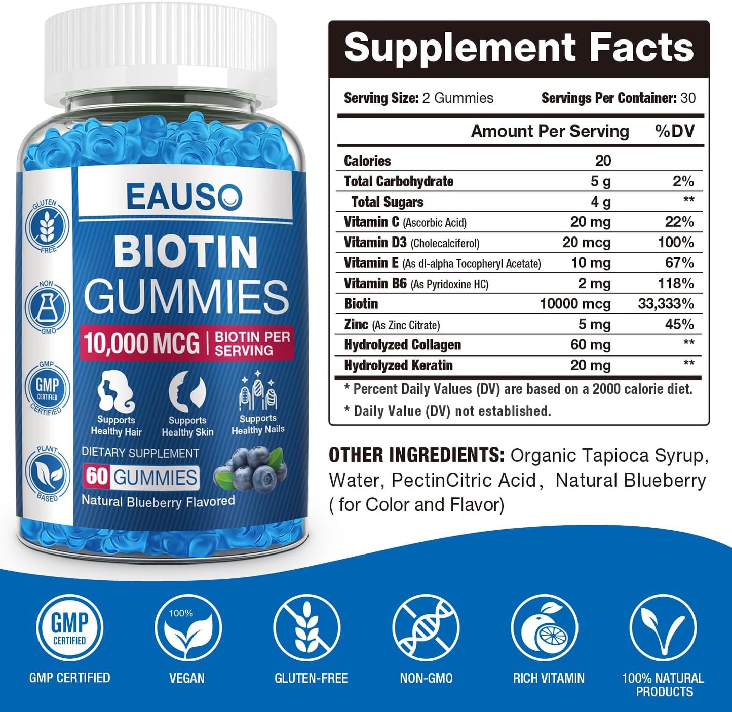 (2 Pack) Vegan Biotin Gummies 10,000mcg for Hair, Skin & Nails - 120 Gummies Vitamin Supplement - Non-GMO, Pectin-Based Formula for Adults - BoostGo Australia
