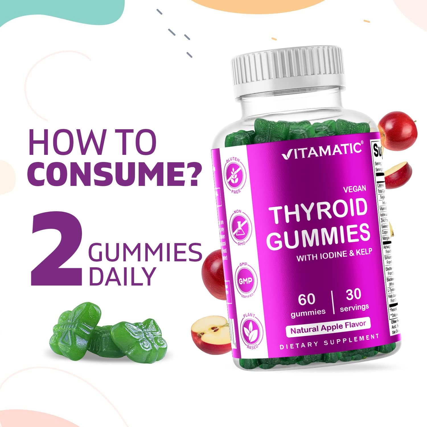 2 Pack Vegan Thyroid Support Gummies with Iodine, Kelp - 60 Count - Boost Energy, Metabolism - Plant Based Formula