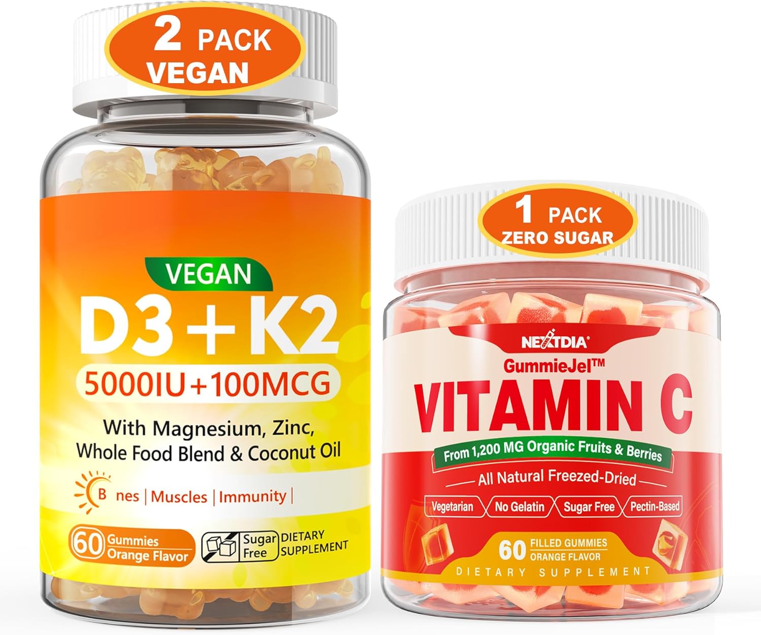 2 Pack Vegan Vitamin D3 5000IU K2 Gummies + Whole Food Vitamin C Gummies Combo