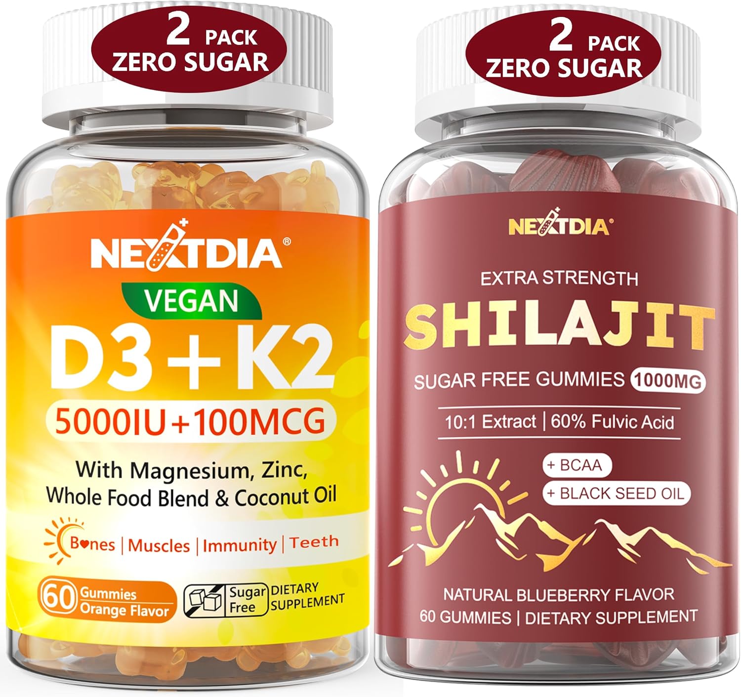 2-Pack Vegan Vitamin D3 5000IU + K2 Gummies with Shilajit and Black Seed Oil - Men & Women's Supplement Pack
