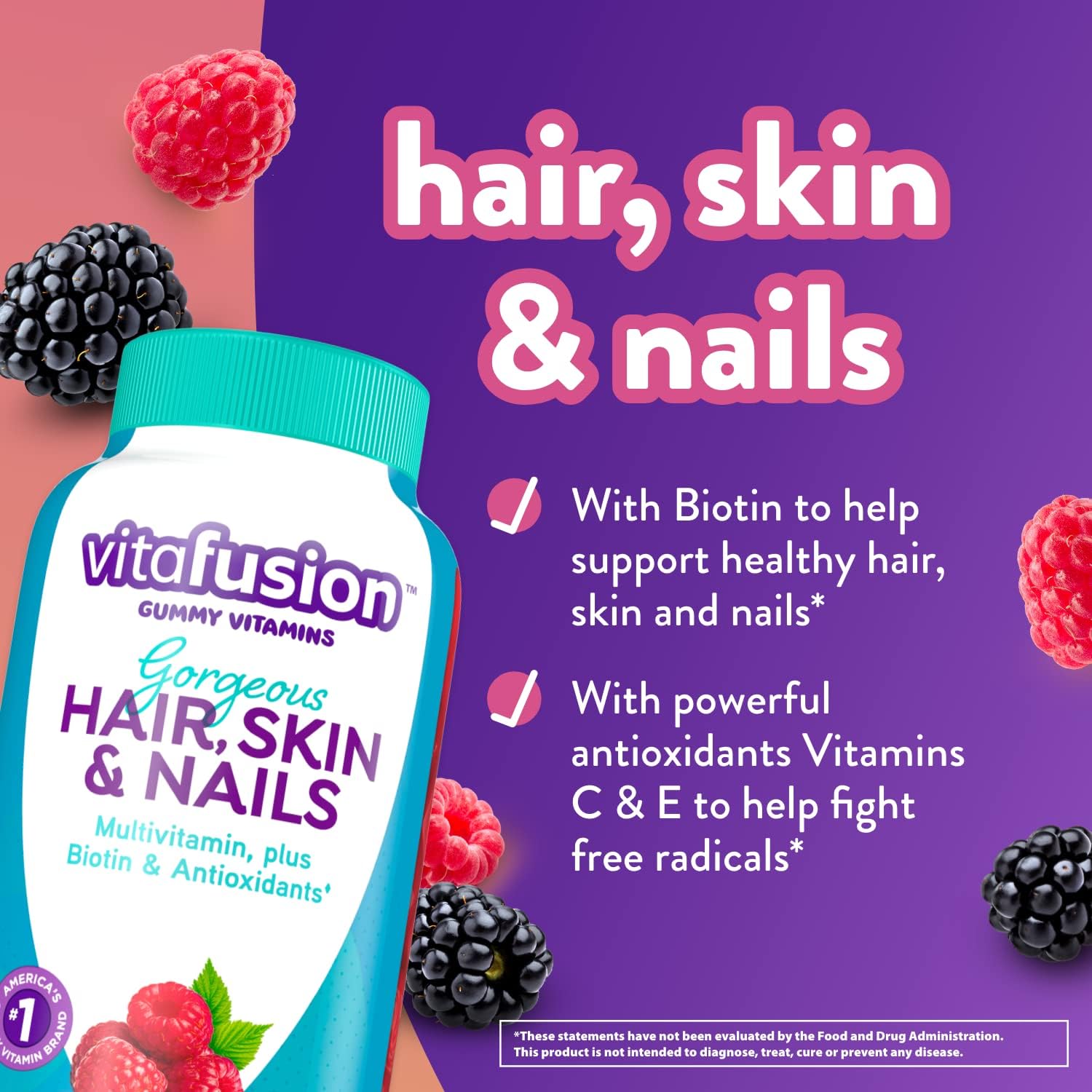 2 Pack Vitafusion Gorgeous Hair, Skin & Nails Gummy Multivitamin with Biotin, Vitamins C&E - 135ct (45 Day Supply) - Raspberry Flavor