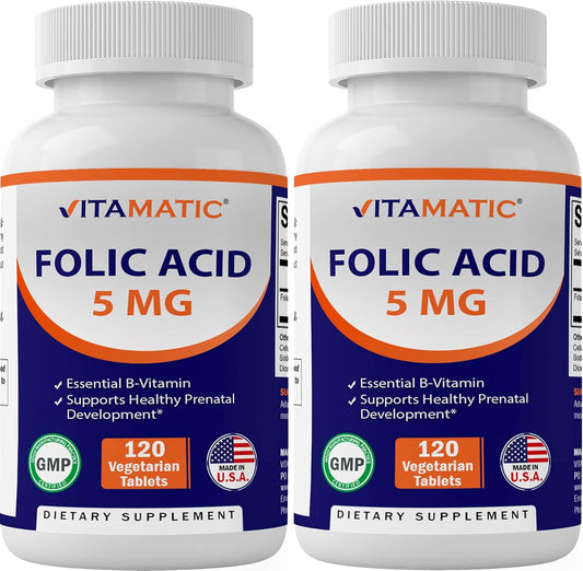 2 Pack Vitamatic Folic Acid 5mg (5000 mcg) - 240 Vegetarian Tablets - Vitamin B9 Folate Supplement