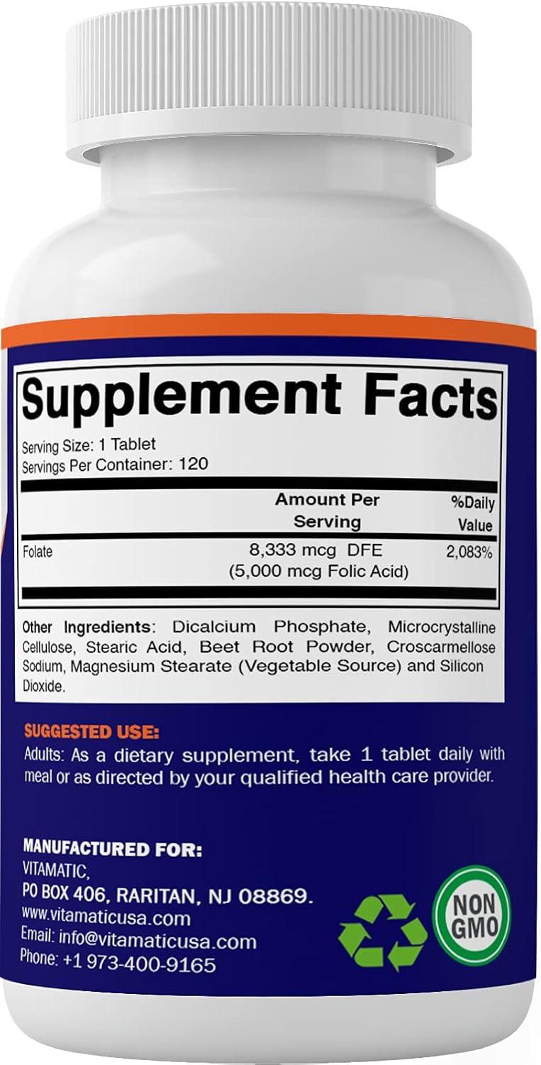 2 Pack Vitamatic Folic Acid 5mg (5000 mcg) - 240 Vegetarian Tablets - Vitamin B9 Folate Supplement