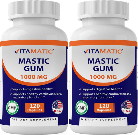 2 Pack Vitamatic Mastic Gum Capsules - 1000mg per Serving for Digestive & Gastrointestinal Health - 240 Total Capsules - Immune & Oral Wellness Support
