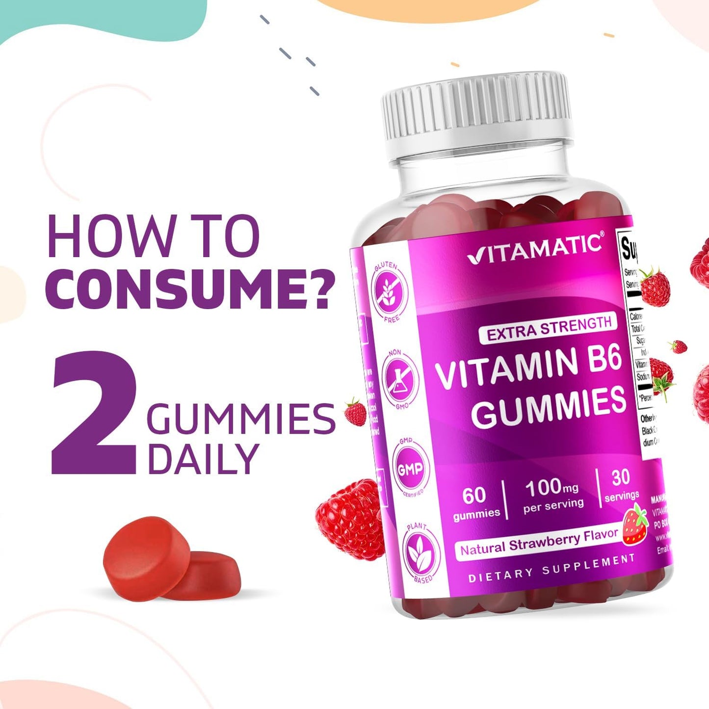 2 Pack Vitamatic Vitamin B6 100mg Gummies - Strawberry Flavor - 60 Pectin Based Gummies for Nervous System Support