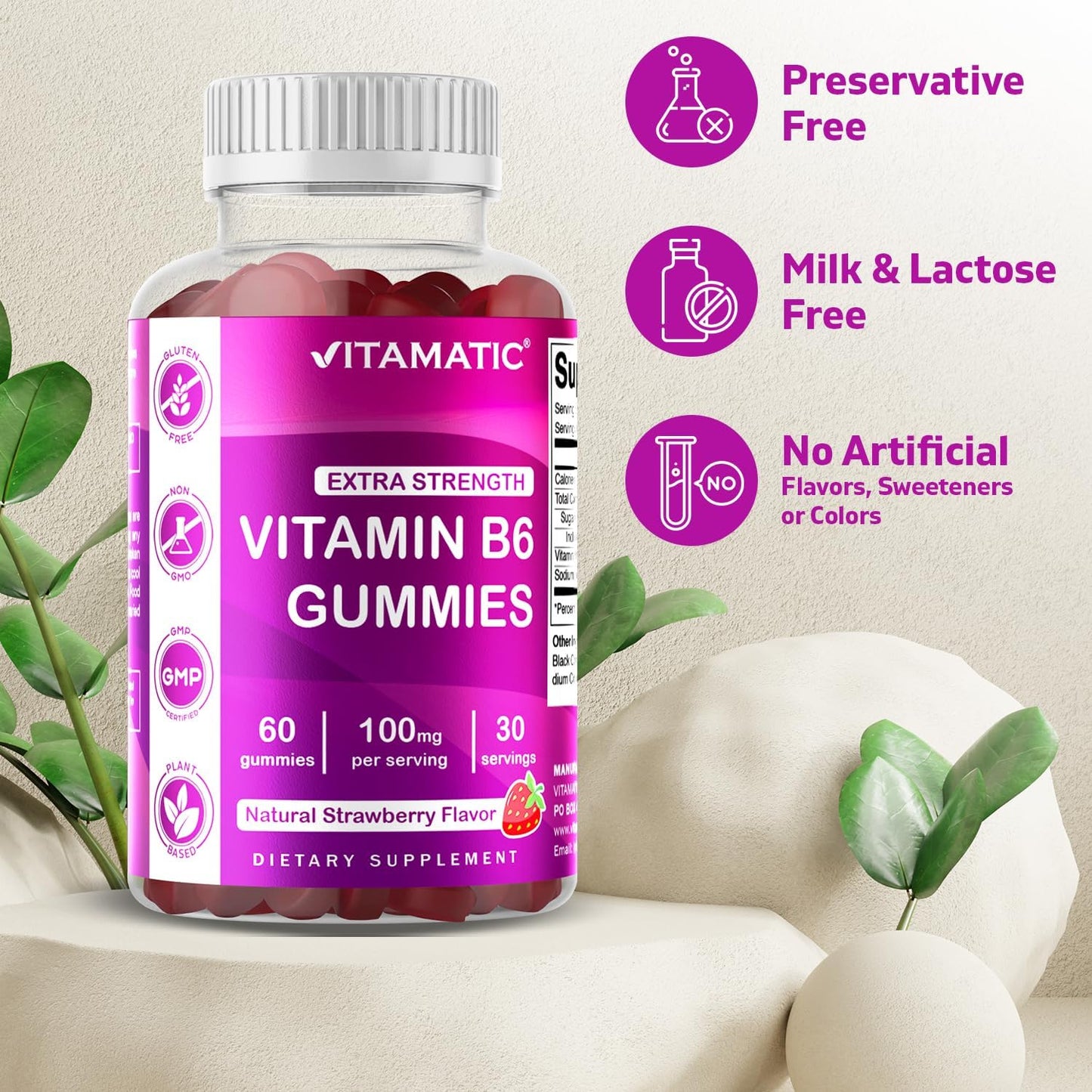 2 Pack Vitamatic Vitamin B6 100mg Gummies - Strawberry Flavor - 60 Pectin Based Gummies for Nervous System Support