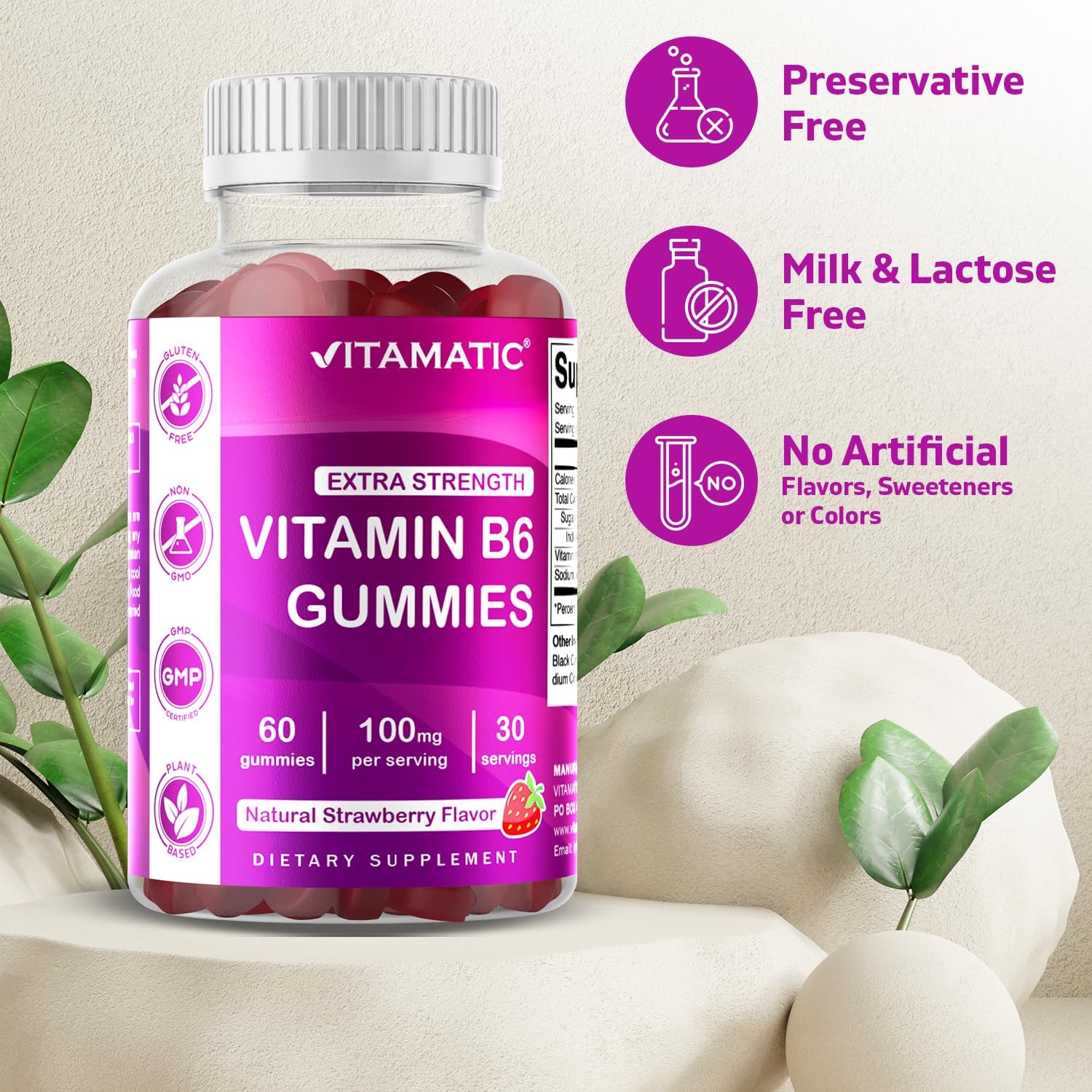 2 Pack Vitamatic Vitamin B6 100mg Gummies - Strawberry Flavor - 60 Pectin Based Gummies for Nervous System Support