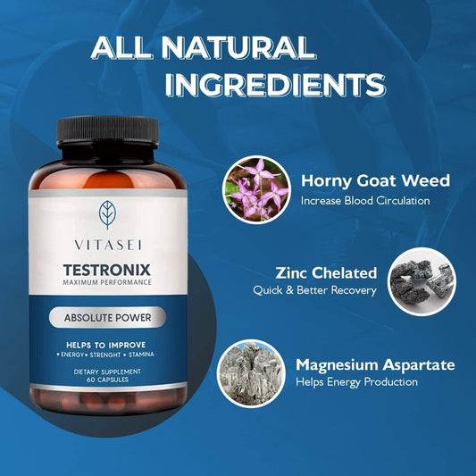 2 Pack VITASEI Testronix Men's Performance Supplement - Energy and Muscle Support - 120 Capsules