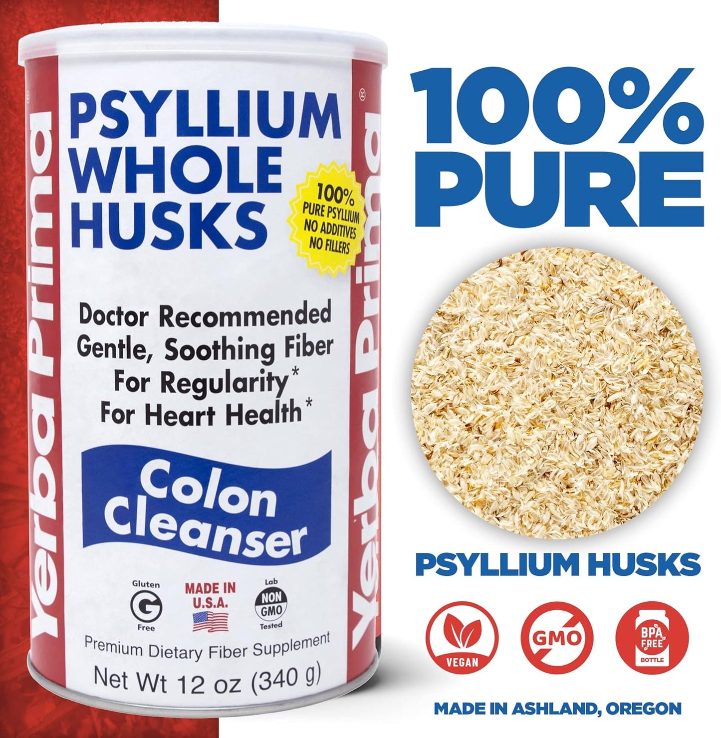 2 Pack Yerba Prima Psyllium Whole Husks 12 oz - Colon Cleanser for Soothing Regularity, Gluten Free & Non-GMO