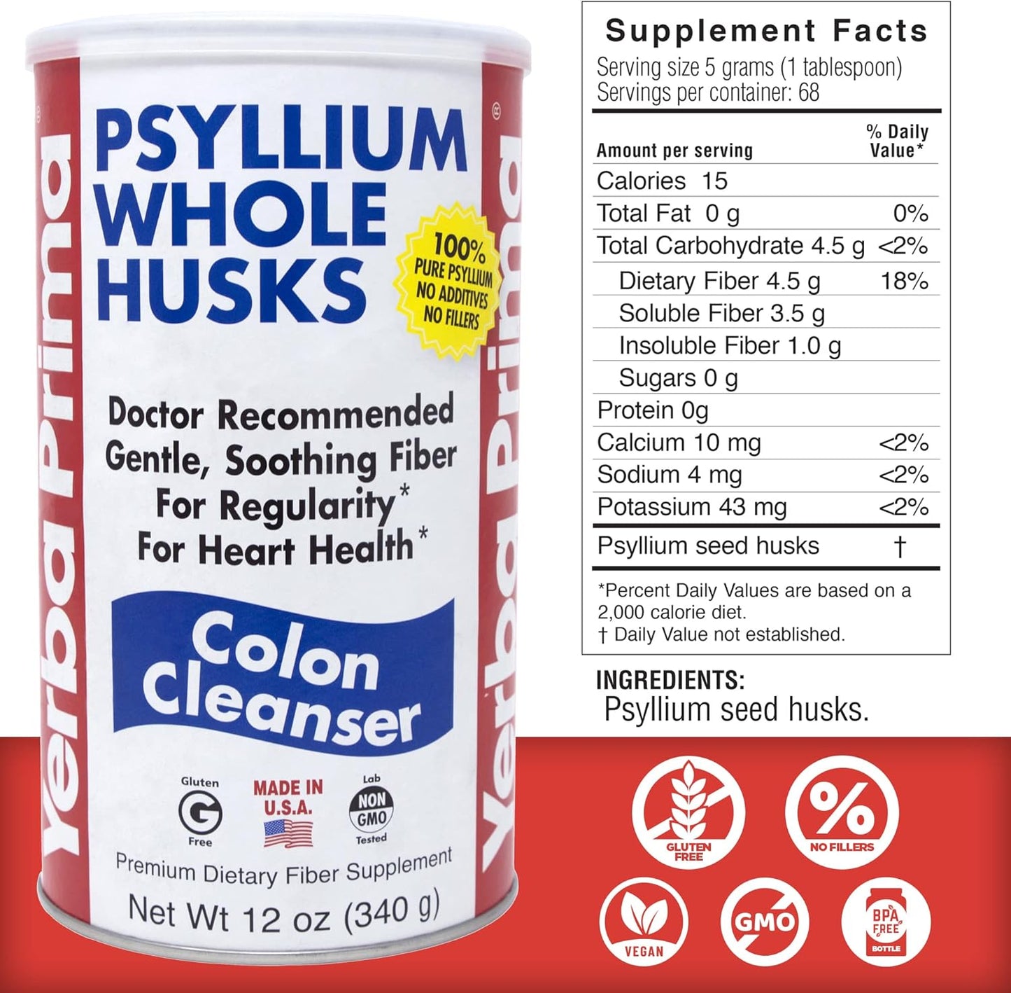 2 Pack Yerba Prima Psyllium Whole Husks 12 oz - Colon Cleanser for Soothing Regularity, Gluten Free & Non-GMO