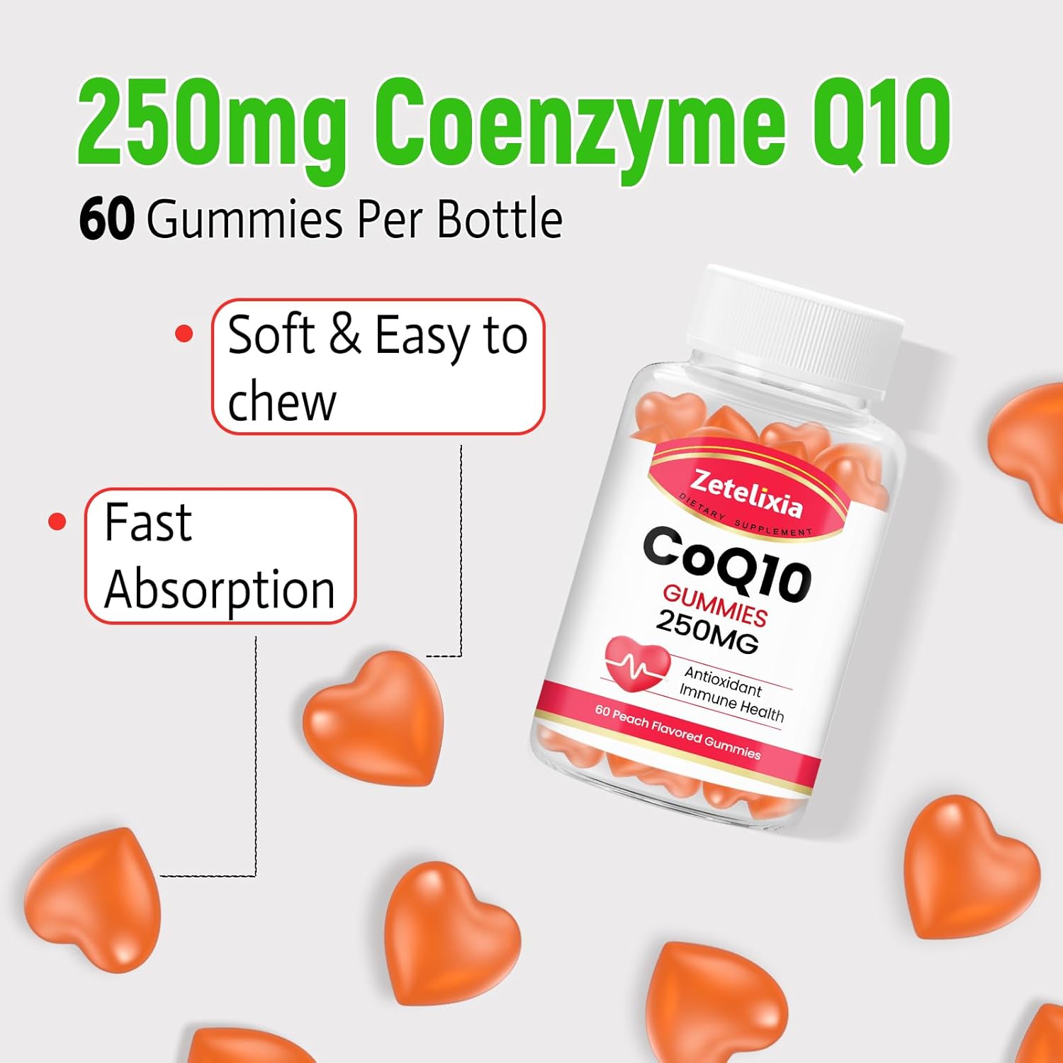 2 Pack Zetelixia CoQ10 Gummies - High Absorption Coenzyme Q10 for Energy and Antioxidant Support - 120 Peach Gummies