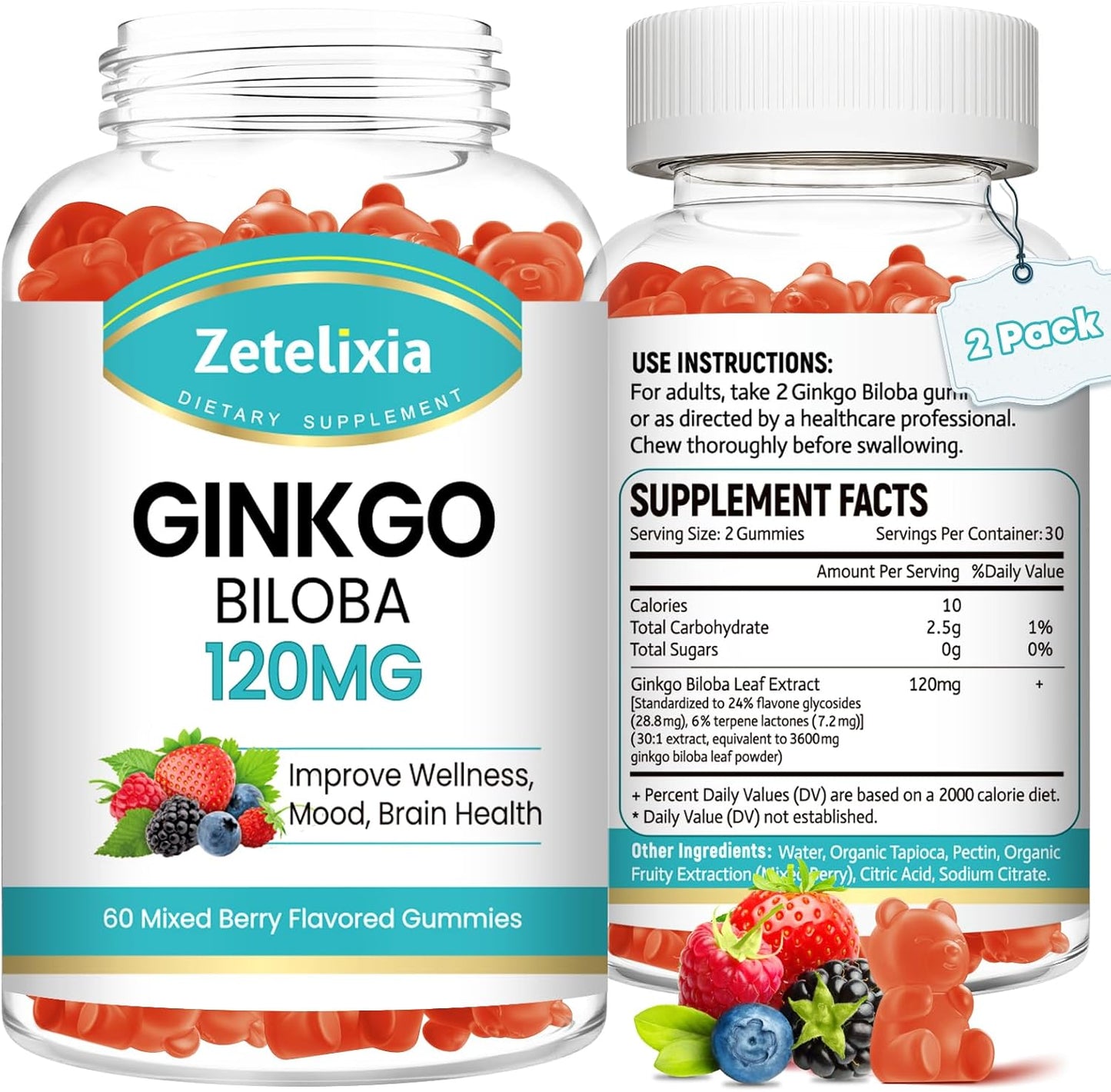 2-Pack Zetelixia Ginkgo Biloba Gummies for Improved Mood and Focus - Vegan Mixed Berry Flavor - 120 Count - Brain Supplement for Men and Women