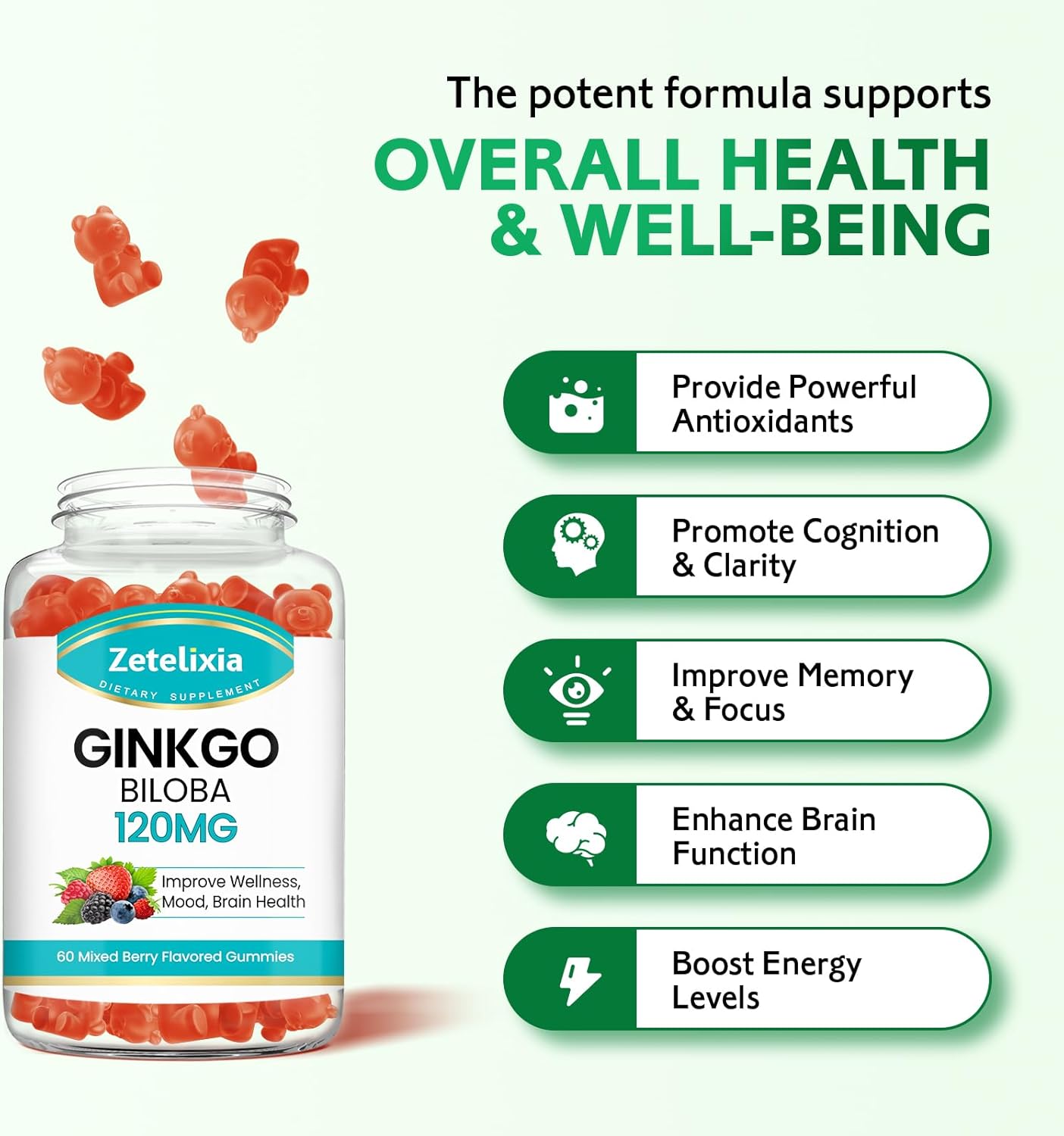 2-Pack Zetelixia Ginkgo Biloba Gummies for Improved Mood and Focus - Vegan Mixed Berry Flavor - 120 Count - Brain Supplement for Men and Women