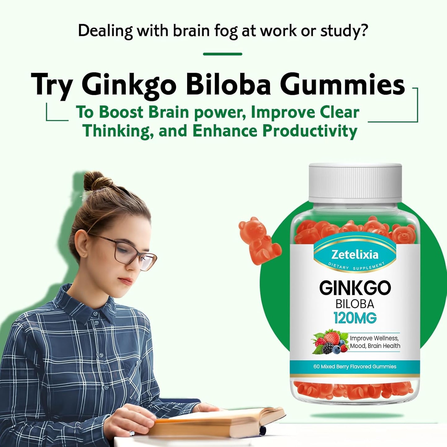 2-Pack Zetelixia Ginkgo Biloba Gummies for Improved Mood and Focus - Vegan Mixed Berry Flavor - 120 Count - Brain Supplement for Men and Women