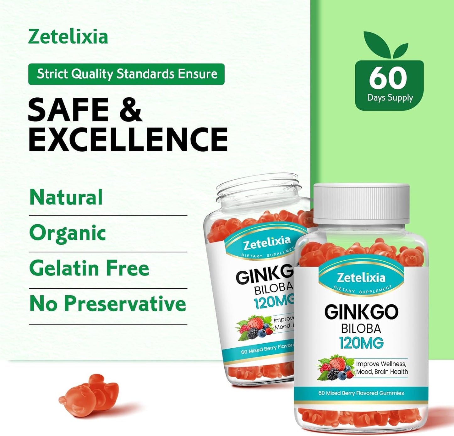 2-Pack Zetelixia Ginkgo Biloba Gummies for Improved Mood and Focus - Vegan Mixed Berry Flavor - 120 Count - Brain Supplement for Men and Women