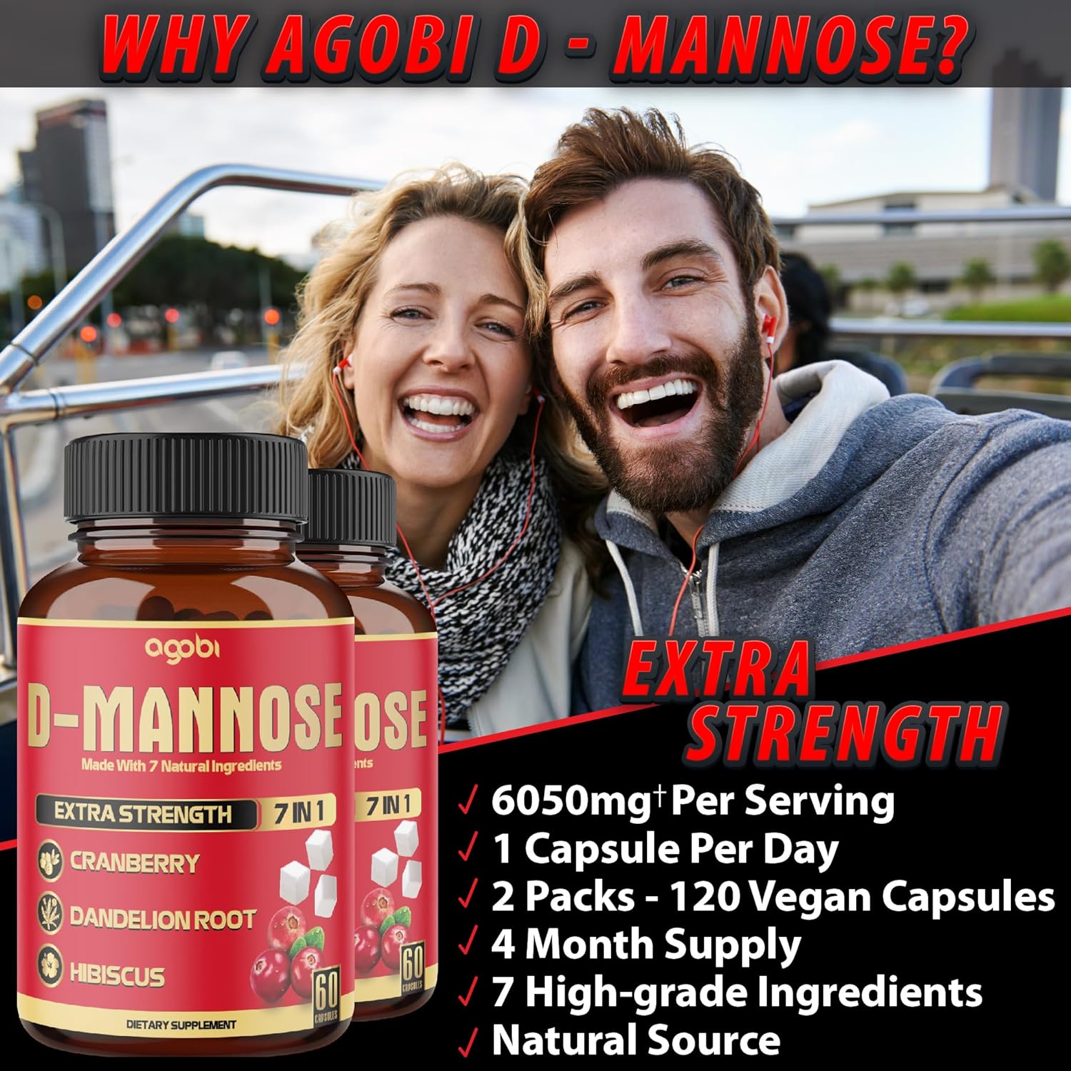 2 Packs of 60 Count Agobi D-Mannose Extract Capsules 6050mg - Natural Urinary Tract Health & Immune Support - 7in1 Blend with Cranberry, Dandelion, Hibiscus & More - 4 Month Supply