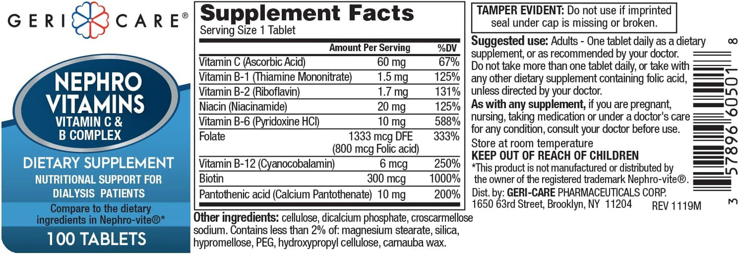 2 Packs of GeriCare Nephro Vitamin C & B Complex Tablets, 100 Count Nutritional Supplement