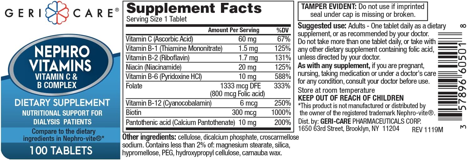 2 Packs of GeriCare Nephro Vitamin C & B Complex Tablets, 100 Count Nutritional Supplement