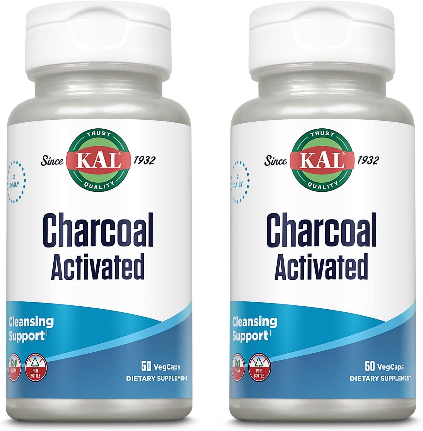 2 Packs of KAL Charcoal 280mg Capsules - 100 Capsules Total
