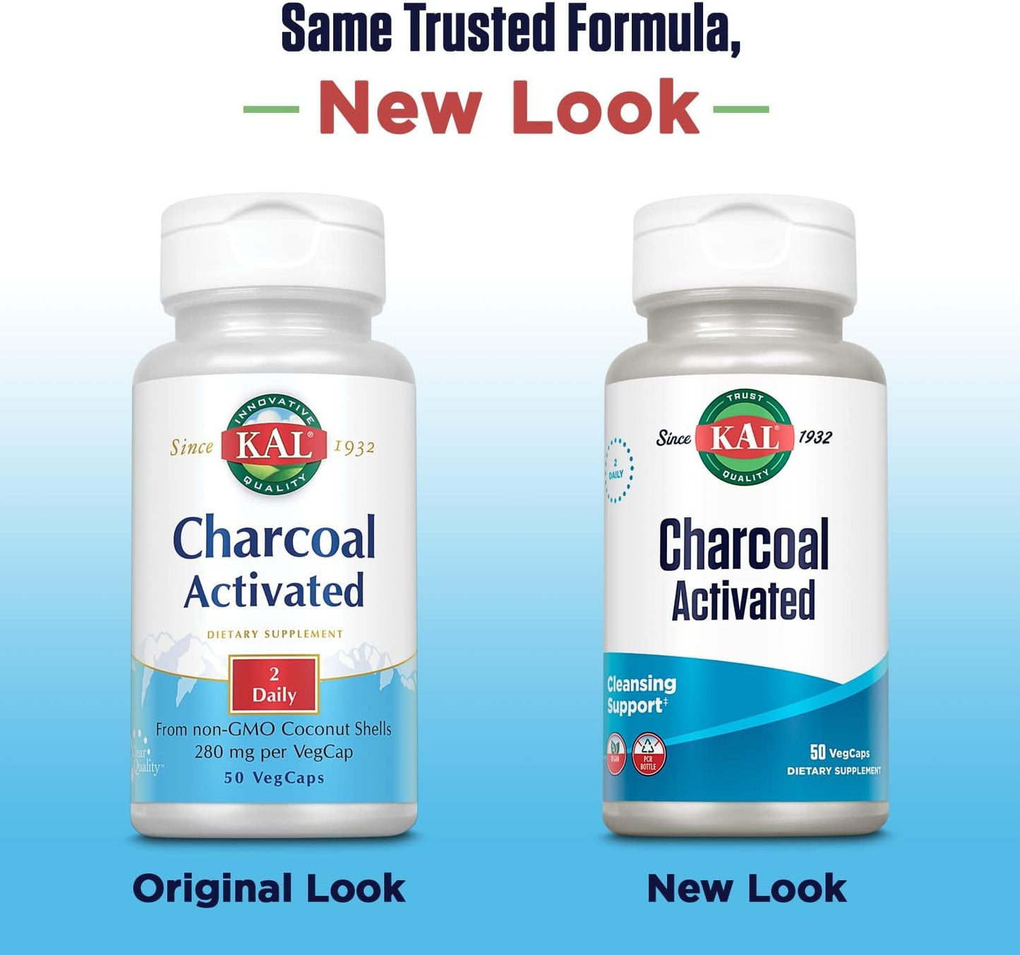 2 Packs of KAL Charcoal 280mg Capsules - 100 Capsules Total