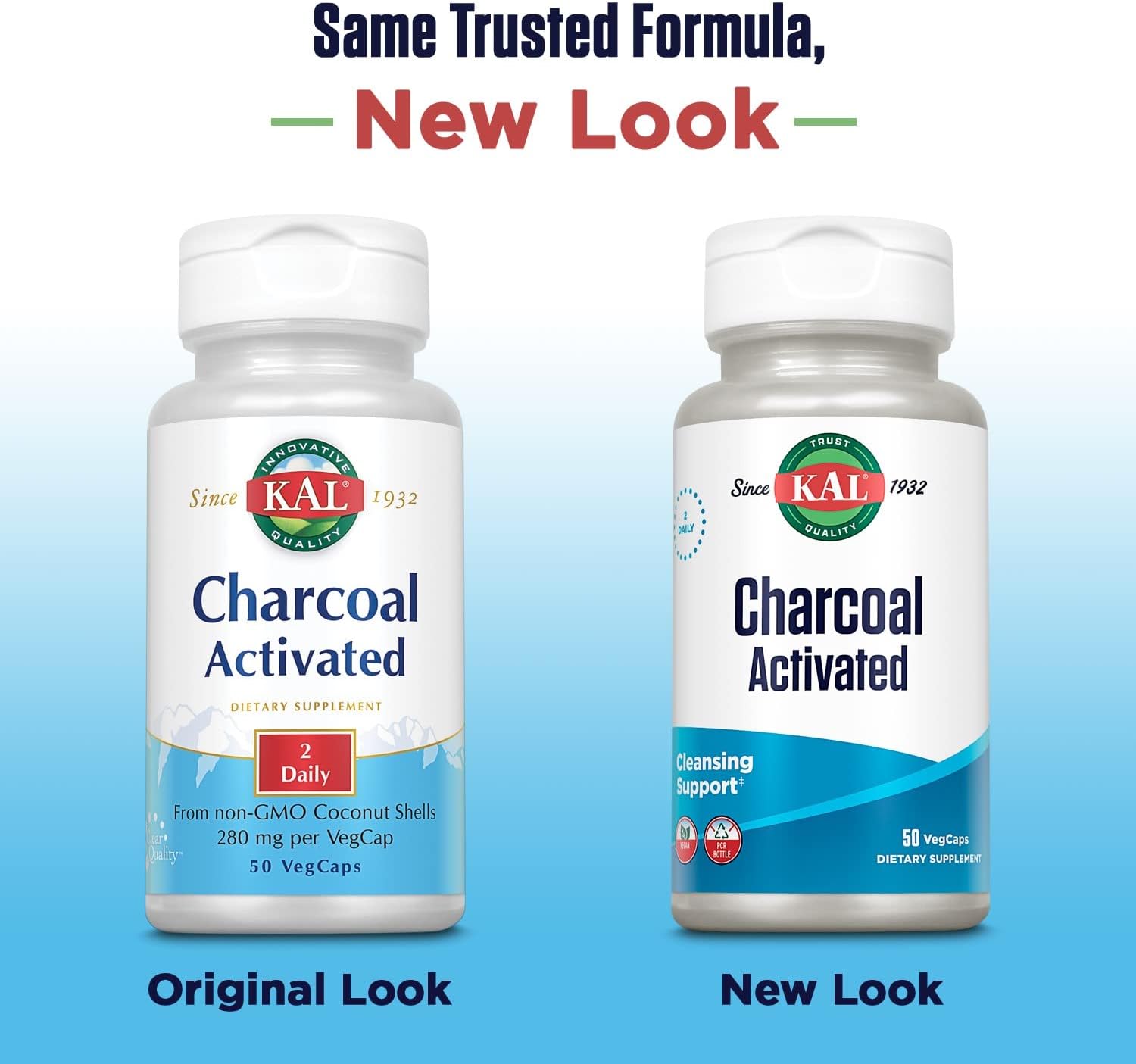 2 Packs of KAL Charcoal 280mg Capsules - 100 Capsules Total