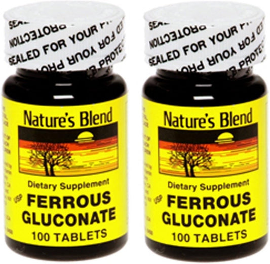 2 Packs of Nature's Blend Ferrous Gluconate 100 Tablets for Iron Support