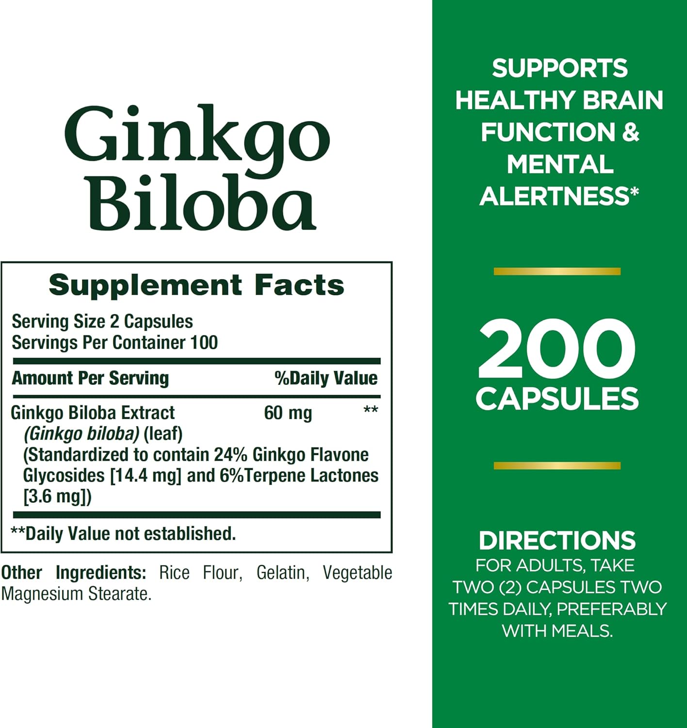 2 Packs of Nature's Bounty Ginkgo Biloba 60 Mg, 200 Capsules - Total of 400 Capsules