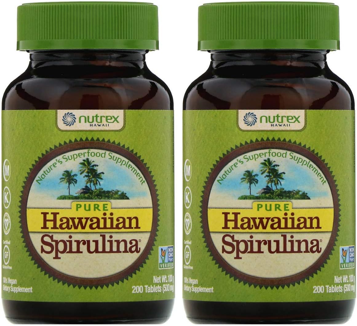 2 Packs of Nutrex Pure Hawaiian Spirulina 500mg Tablets - 200 Count Each - Energy Booster, Immune Support - Vegan, Non GMO - Grown in Hawaii - Natural Superfood